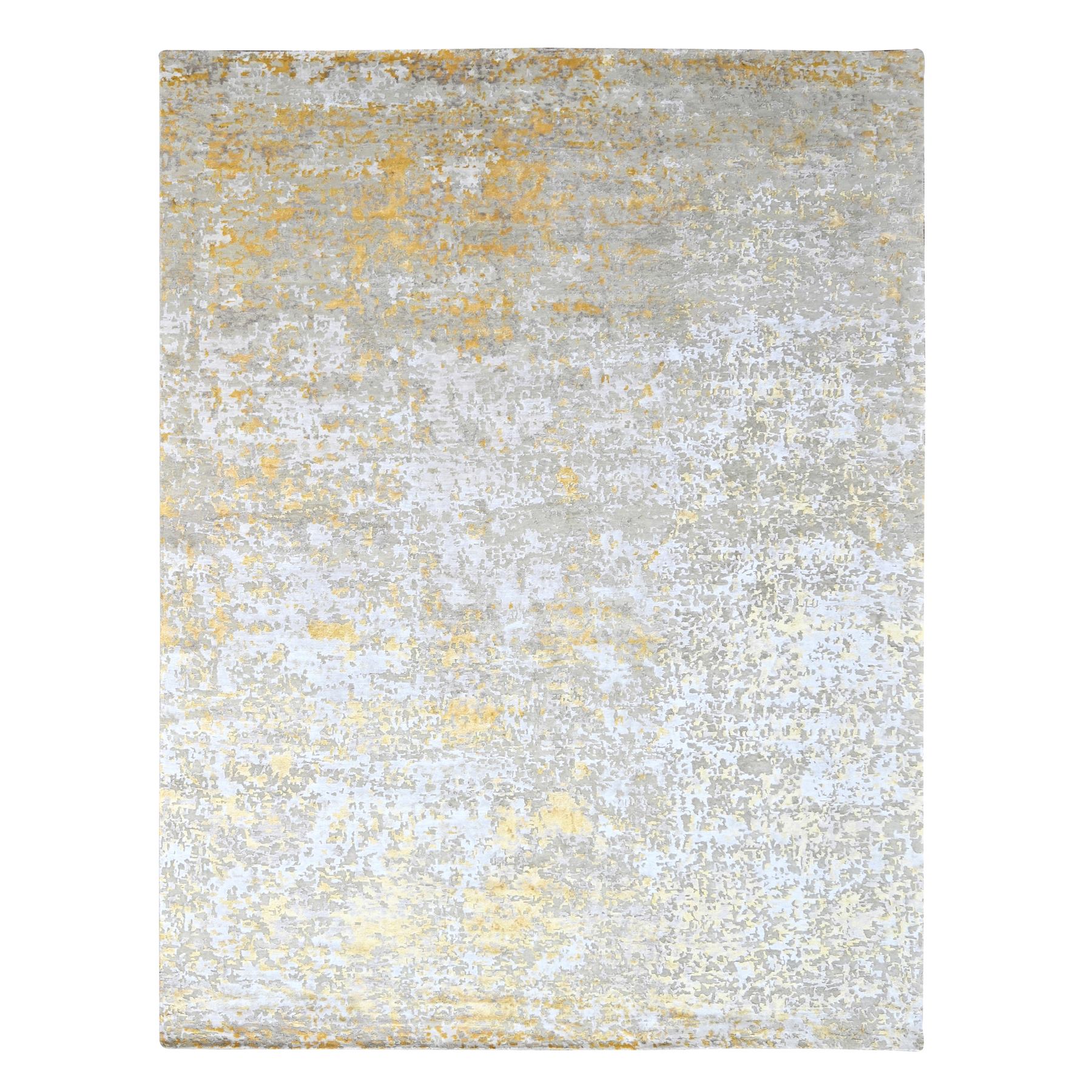 Beige with Gold, Abstract Design, Wool and Silk, Densely Woven, Hi-Low Pile, Hand Knotted, Oriental Rug
